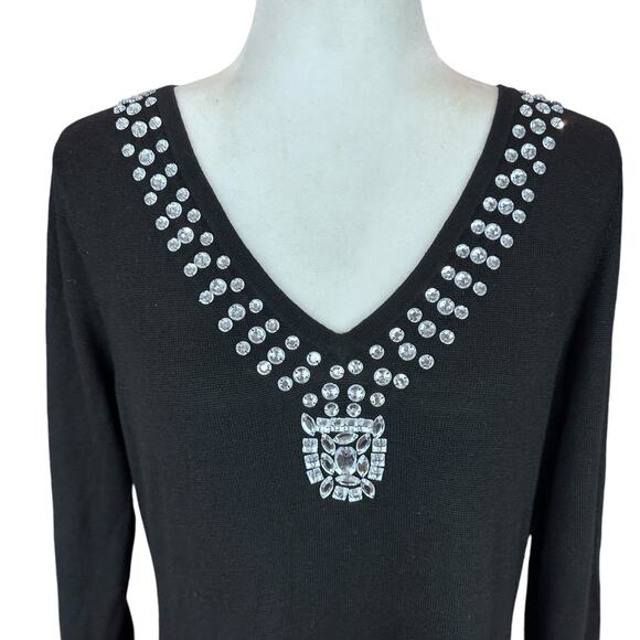 Iman Rhinestone Sweater Medium Black Cashmere Blend Boho Glam Holiday Party - Picture 3 of 12